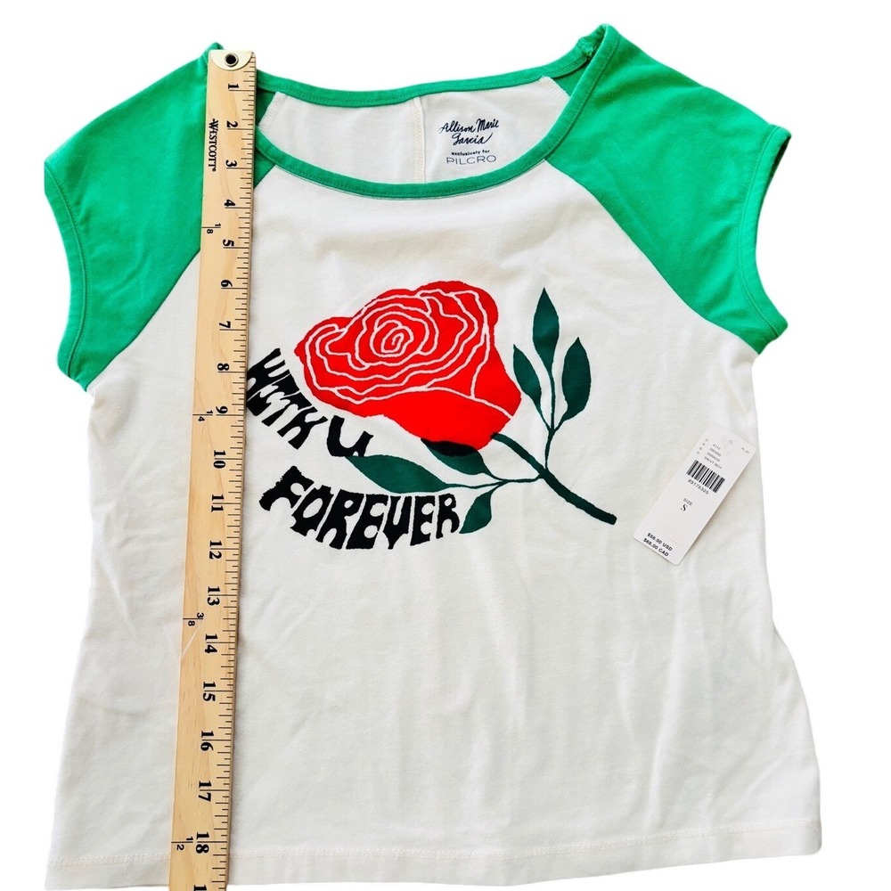 Pilcro Anthropologie Allison Marie Garcia Rose Graphic Top Green Red Small NEW - Picture 4 of 8